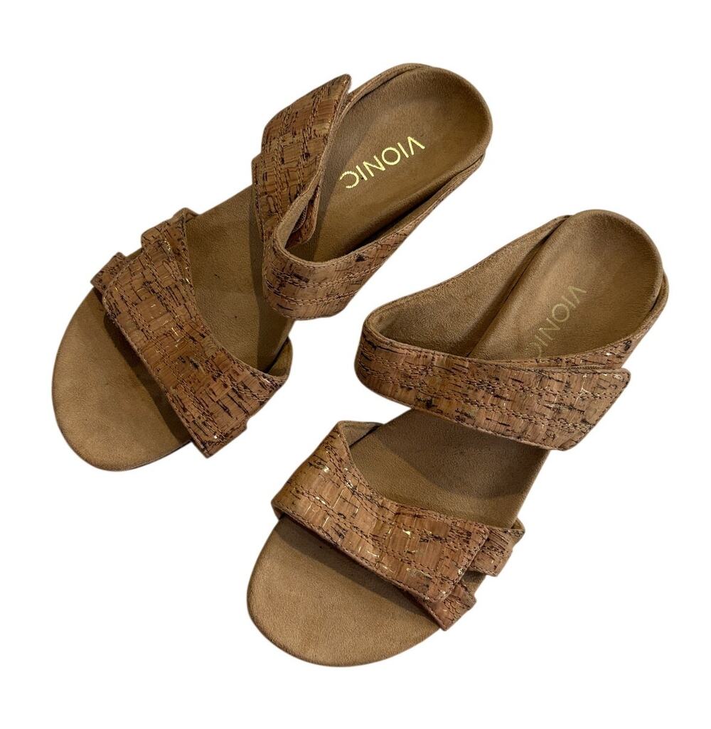 Vionic Chrissy Sandals Women’s 9 Wedge Gold Cork Strappy Slip On Tan Summer